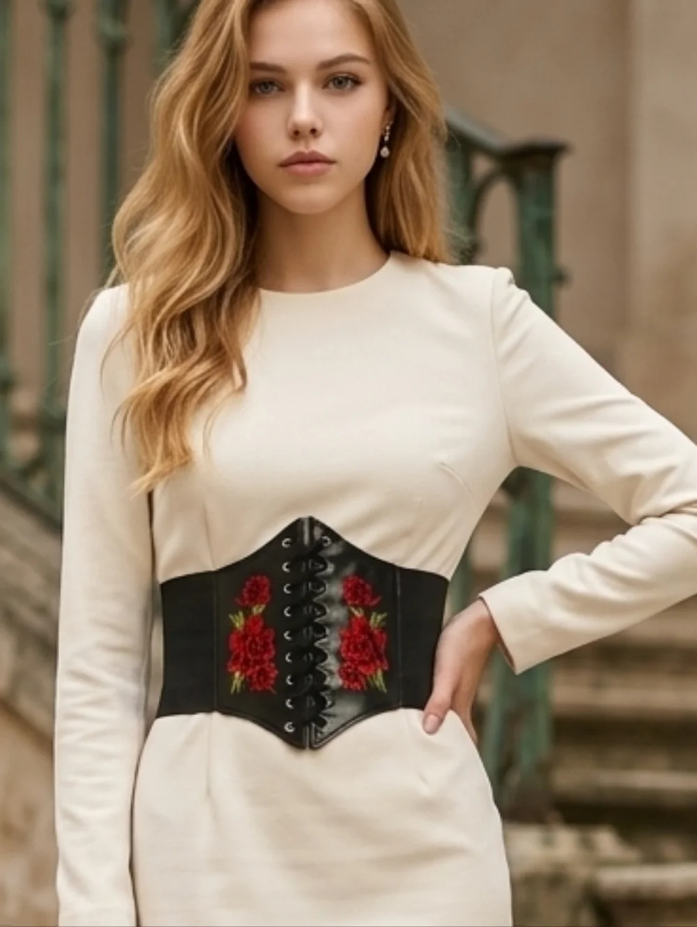 Gothic Corset Belt Black Faux Leather Red Rose Lace Up Waist Cincher Medieval